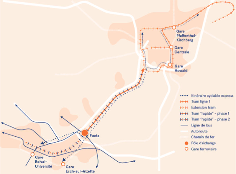 plan tram entre Esch et Luxembourg